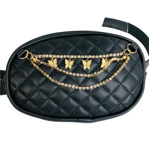 Vegan Leather Belt Bag Fanny-Pack  w/ Butterfly Crystal Chain Black New